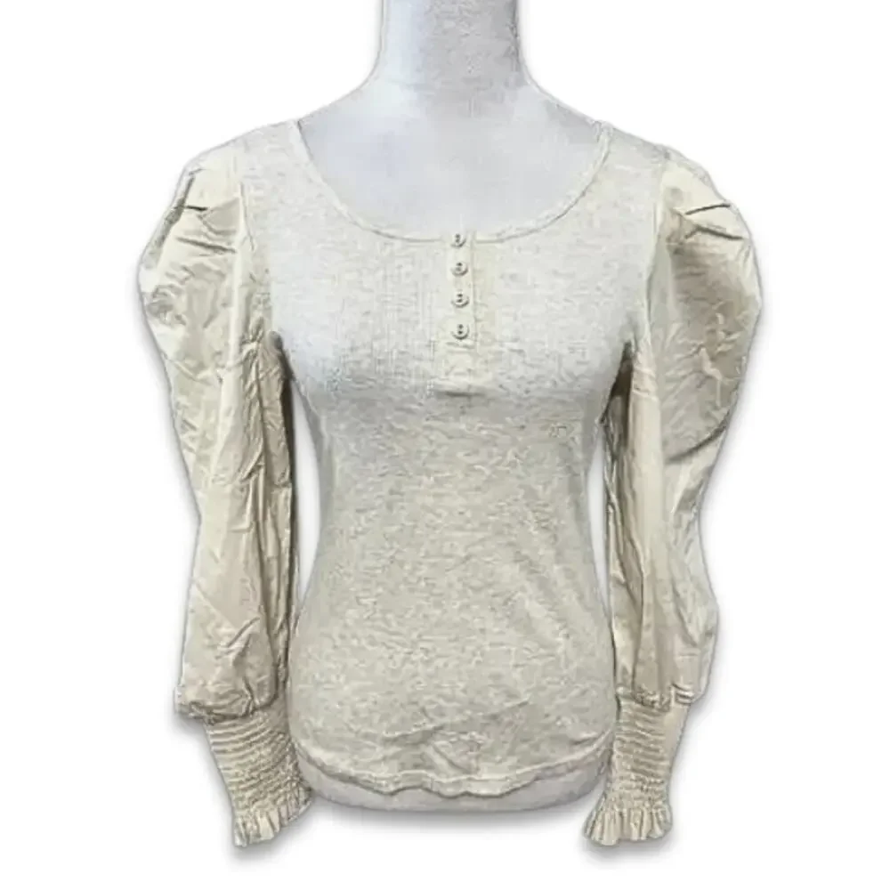Habitual Top Henley Neckline Puff Sleeve Long Sleeve Solid Cream Girls 16 NWOT